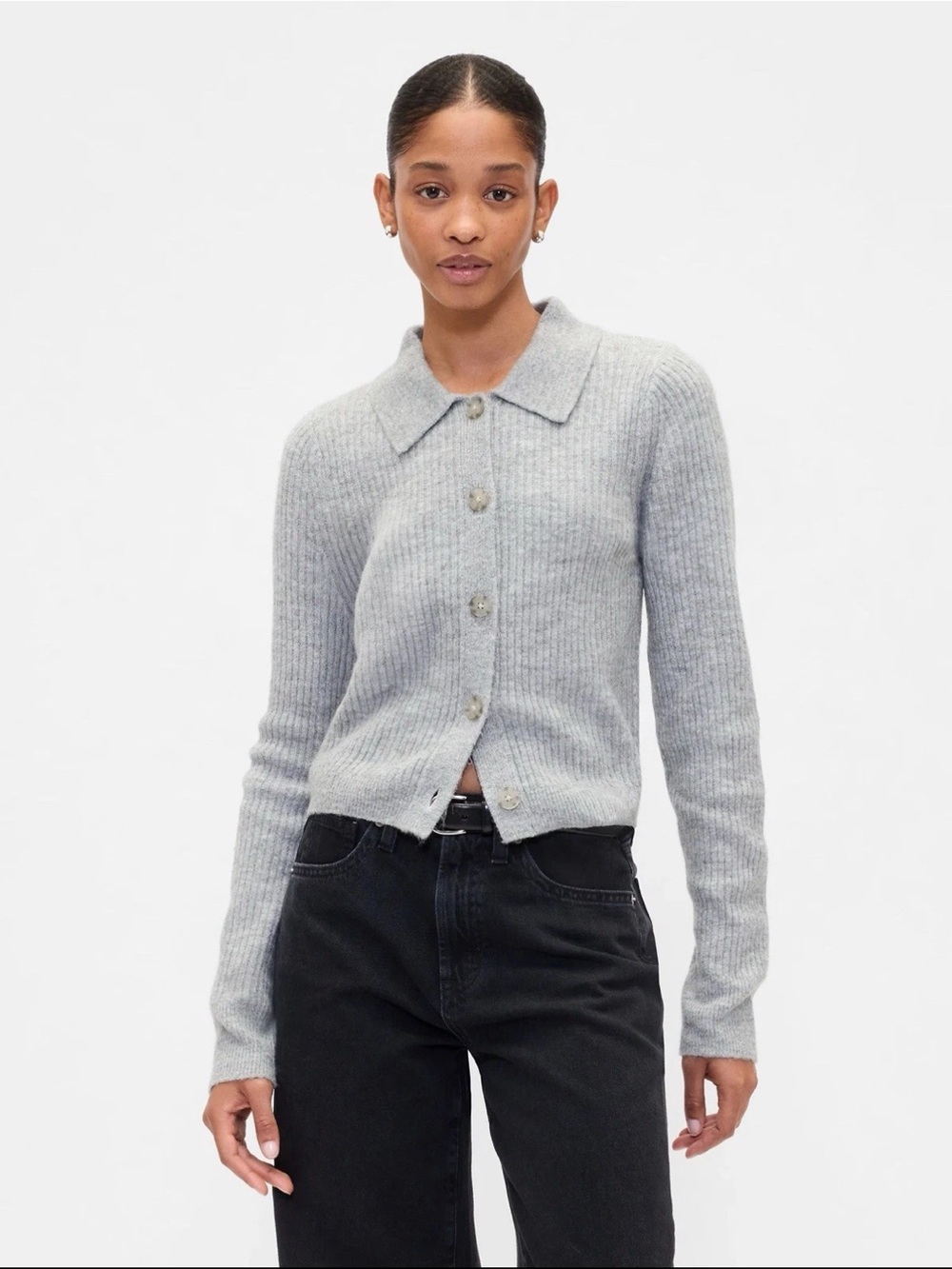 GAP Gray Button-Front Ribbed Sweater